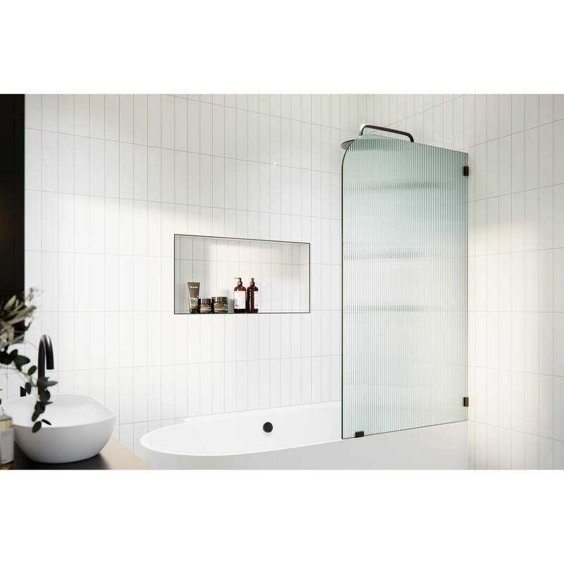 Aurora 58.25" x 34" Frameless Bath Shower Door - Single Fixed Panel Fluted Frosted Radius Right Hand - Matte Black