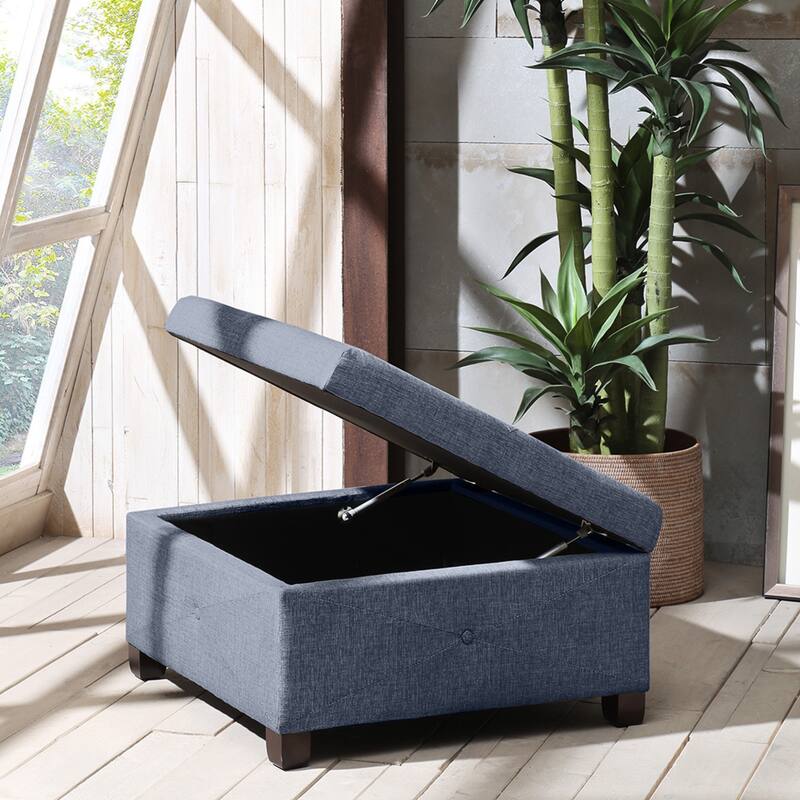 Roomfitters Soft Close Storage Ottoman, Upholstered Square Accent Bench with Hidden Storage for Living Room or Bedroom - Blue