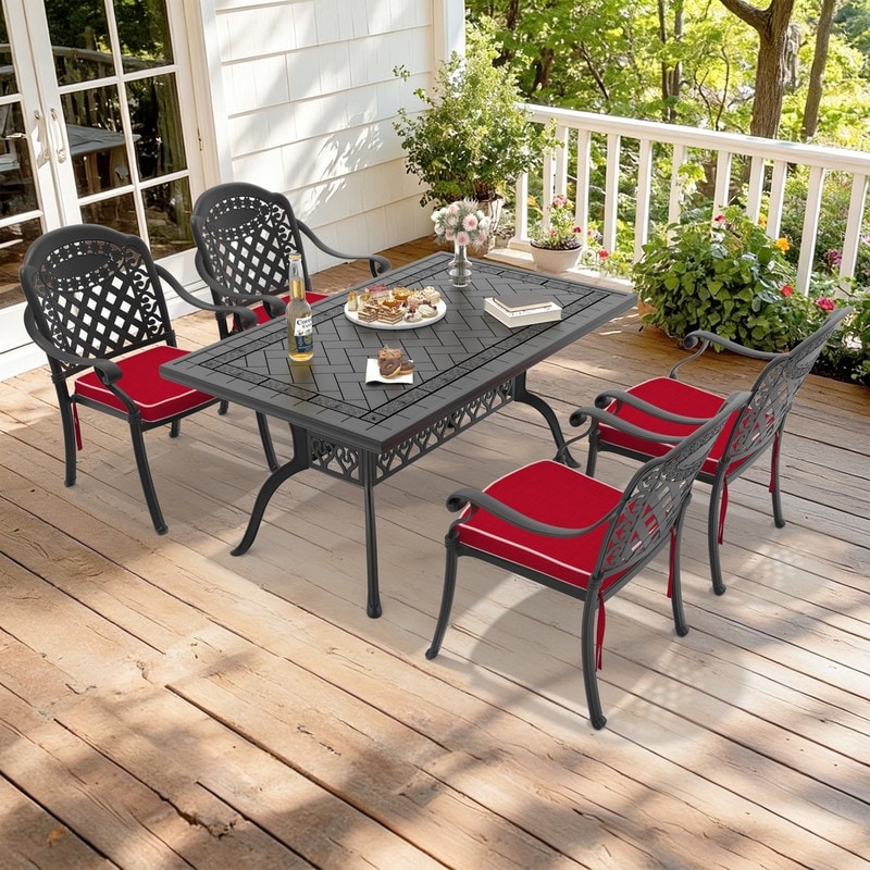 59.06in Reltangle Black Cast Aluminum Outdoor Dining Table & 4 Outdoor Chairs with Cushions
