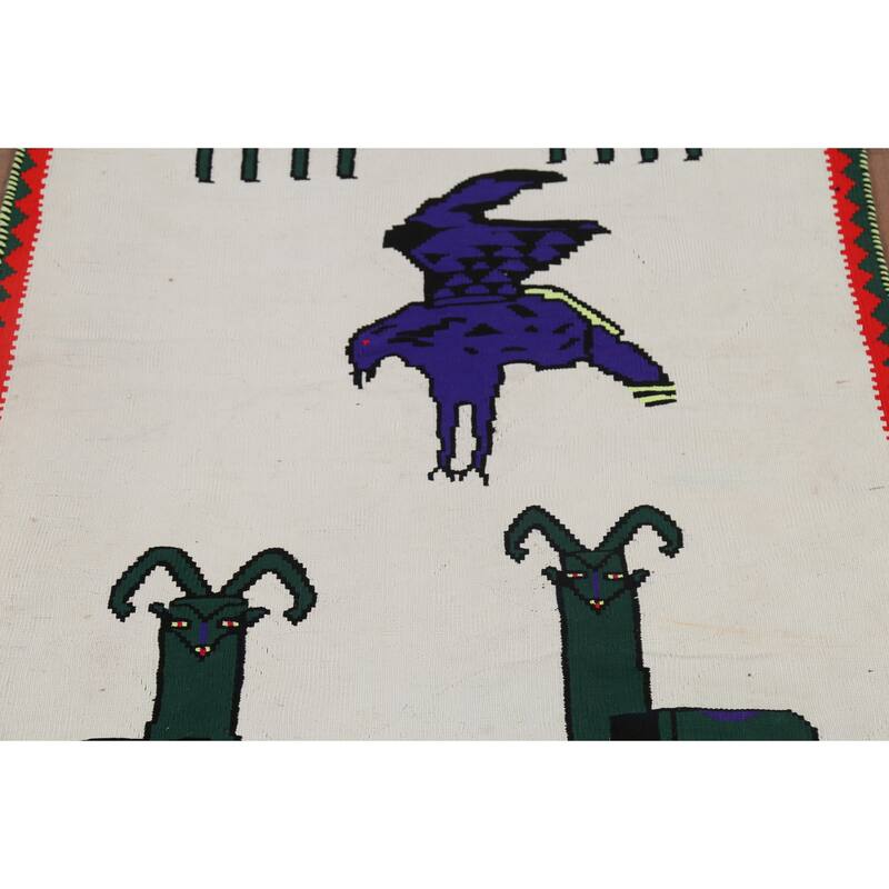 Animals Tribal Kilim Persian Vintage Foyer Rug Hand-Woven Wool Carpet - 2'10"x 4'3"