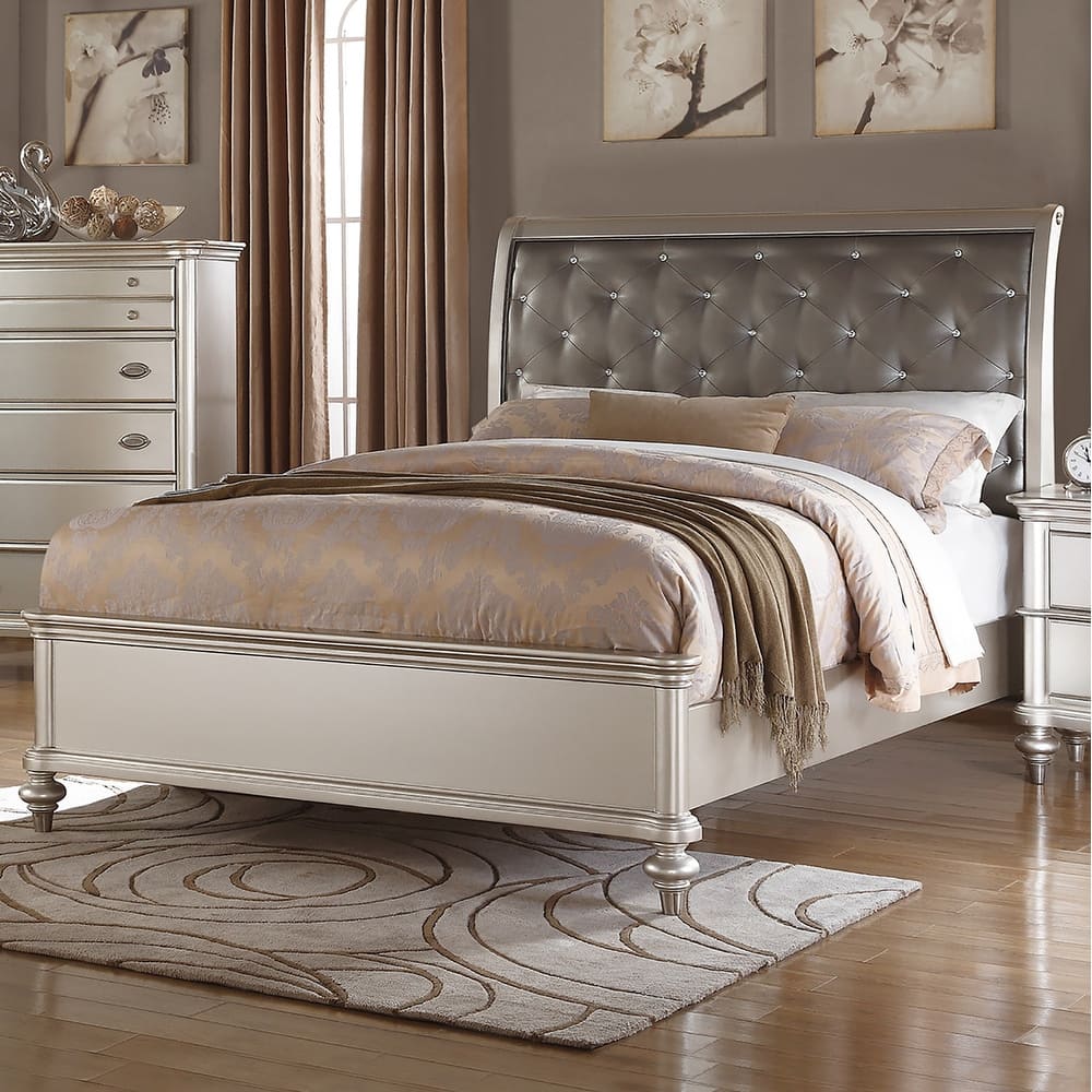 Antique Silver Bed With Button Tufted Padded HB