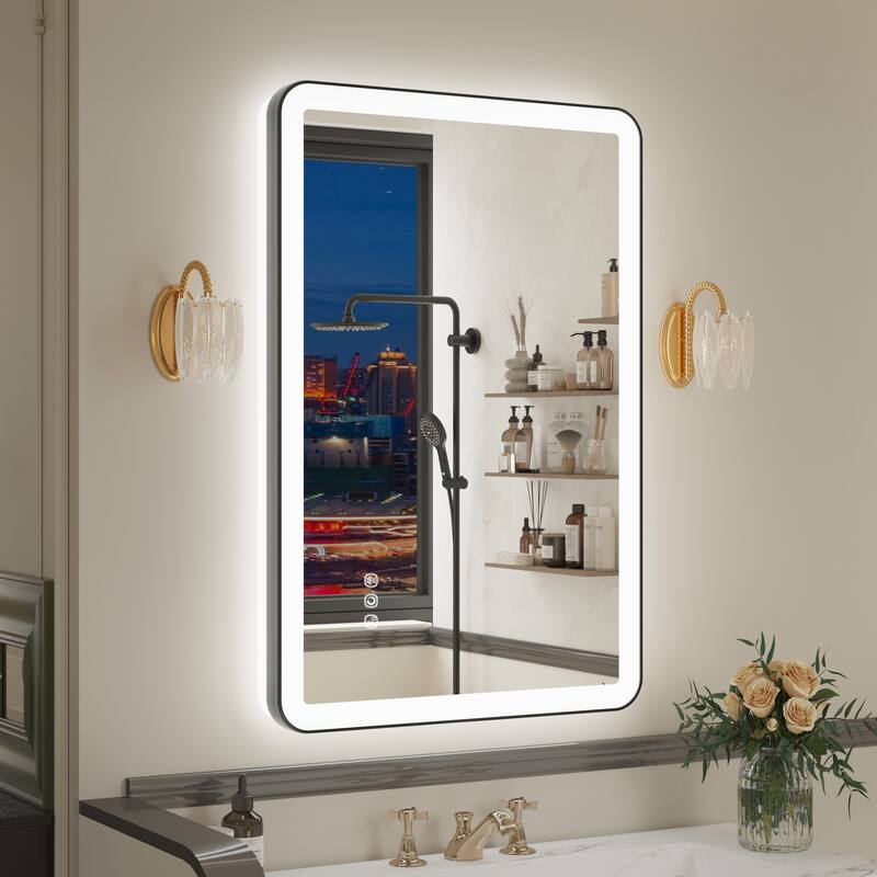 QuivaraView Luxury Aluminum Black Micro-arc Framed bathroom Vanity Wall Mounted LED lighted Mirror - 24*32 - Matte Black