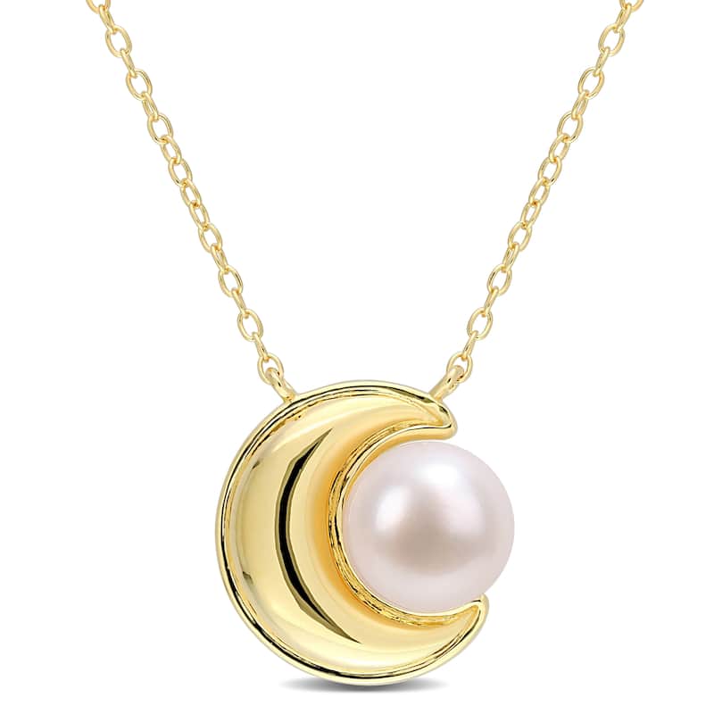 Miadora Cultured Freshwater Pearl Crescent Moon Necklace in Yellow Plated Sterling Silver (8-8.5mm)