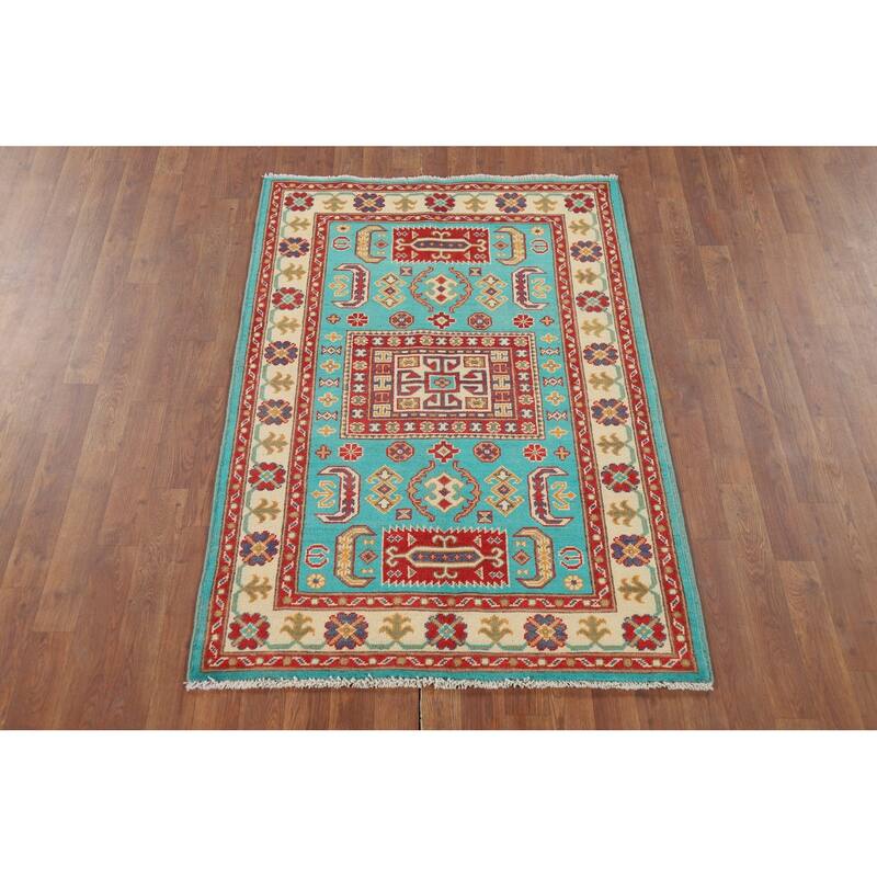 Turquoise Blue Kazak Accent Rug Handmade Wool Carpet - 3'4" x 5'1"