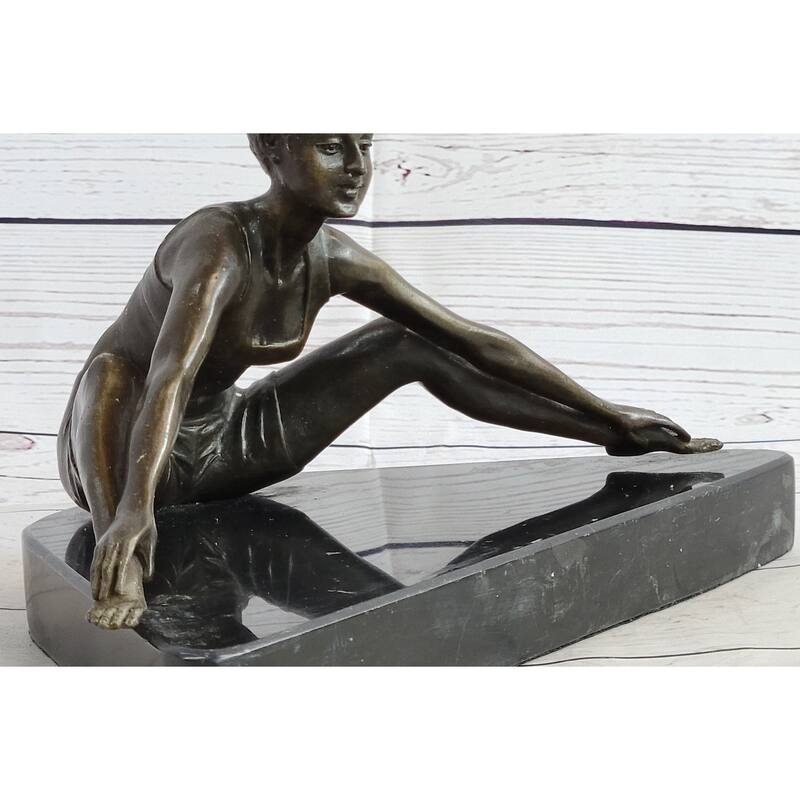 Yoga Athlete Young Woman Stretching Hot Cast Bronze Statue Sculpture Marble Base 7 Inches X 11 Inches