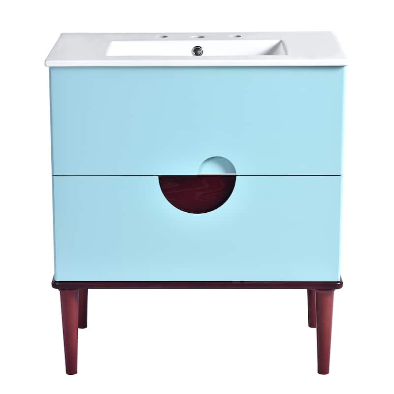 Modern 30" Bathroom Vanity with Ceramic Sink, Solid Wood Frame, 2 Drawers, Blue Bathroom Storage Cabinet - 30in L Solid Wood+MDF