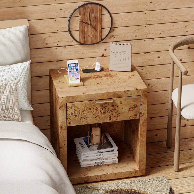 COZAYH Burl Finish Nightstand, Rustic Farmhouse Dresser, Vintage Accent Wood Storage Bedside Table, Fully Assembled