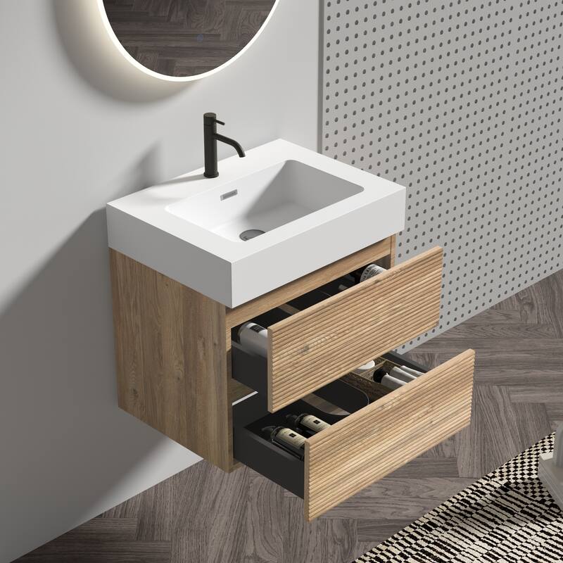 GDFStudio - Grace Wall-Mounted Bathroom Vanity with Engineered Quartz Sink & Soft Close Drawers, without Drainage and Faucet