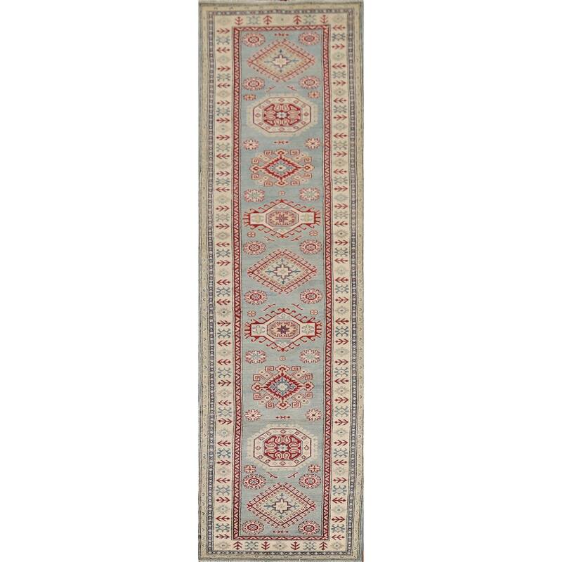 Light Blue Kazak Runner Rug Hand-Knotted Geometric Wool Carpet - 2'7" x 13'1"