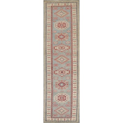 Light Blue Kazak Runner Rug Hand-Knotted Geometric Wool Carpet - 2'7" x 13'1"