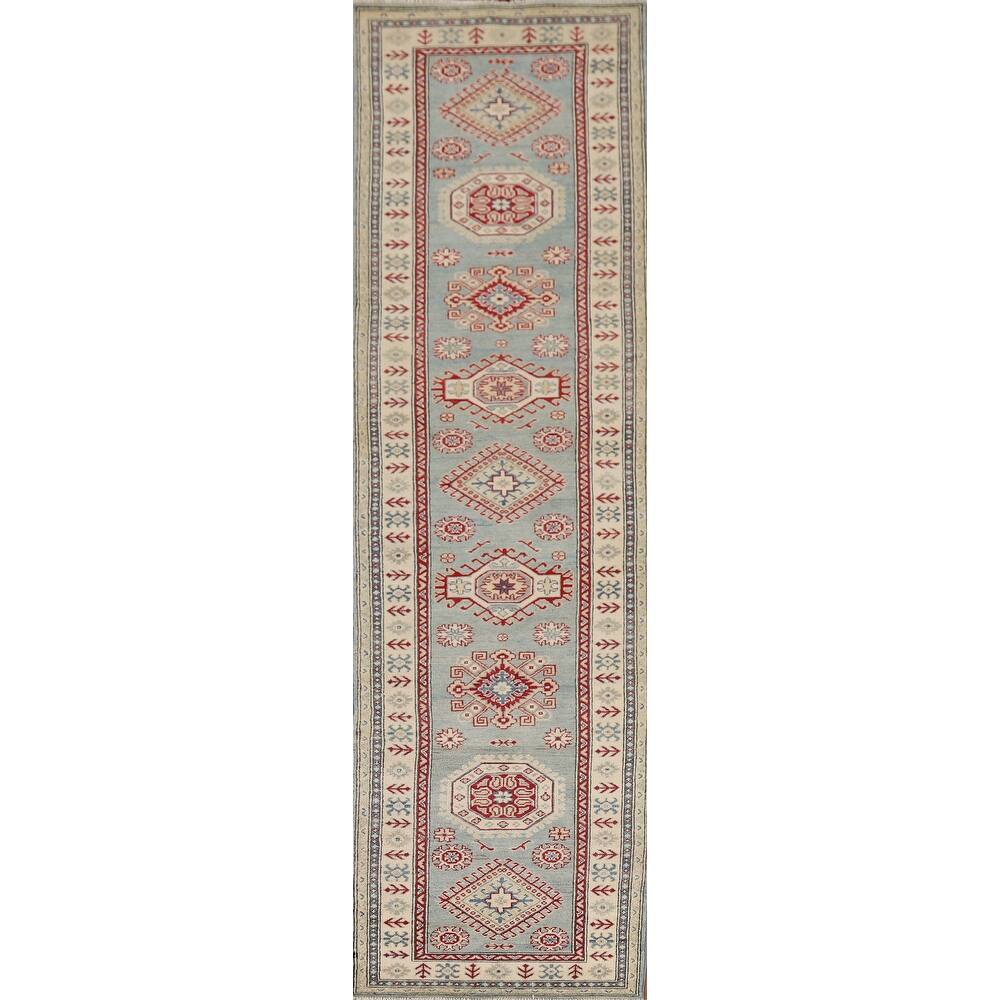 Light Blue Kazak Runner Rug Hand-Knotted Geometric Wool Carpet - 2'7" x 13'1"