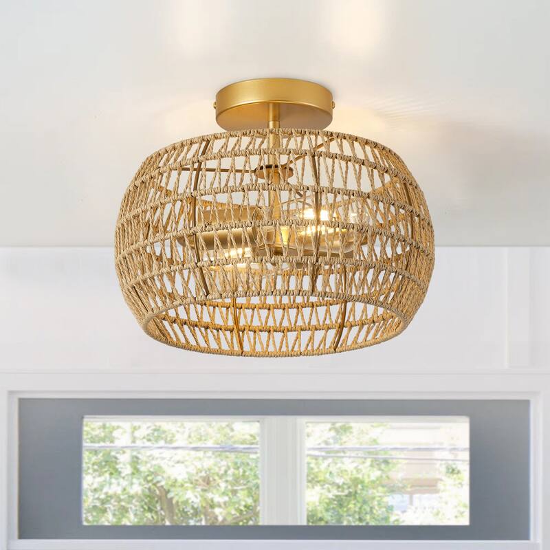 Farmhouse Painted Gold 2-Light Hand-woven Boho Semi Flush Mount Ceiling Light