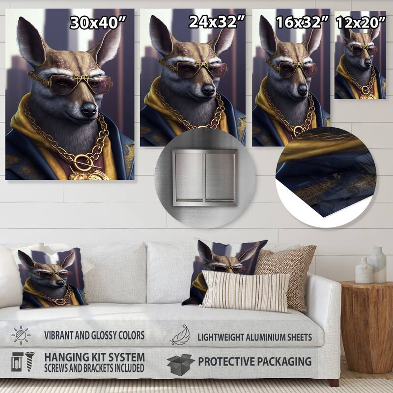 Designart 'Kangaroo Gangster In NYC ' Animals Kangaroo Gangster Mafia Metal Wall Art