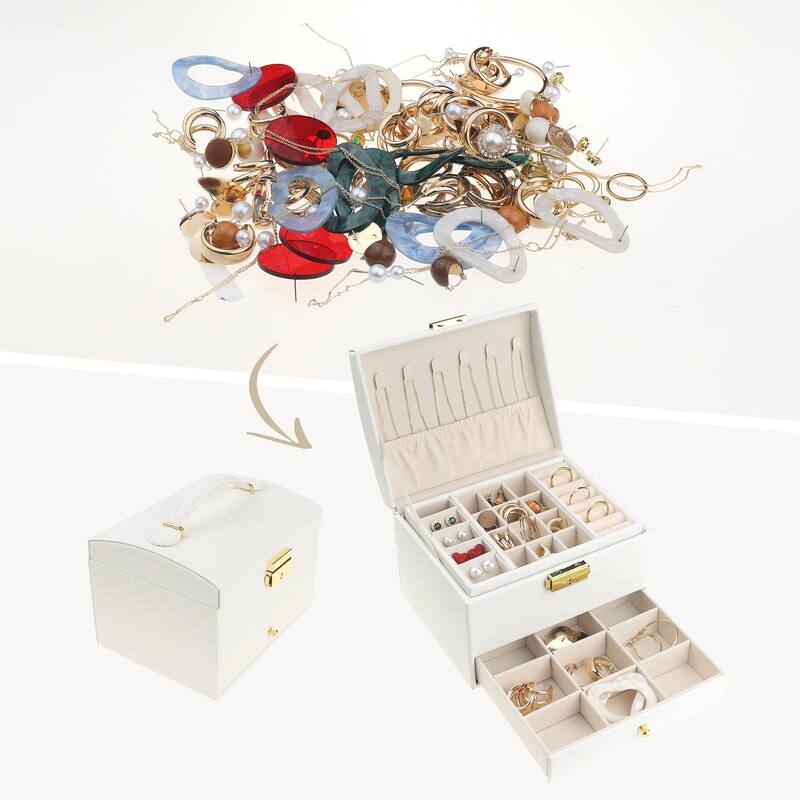 3 Layer Jewelry Box, PU Leather Jewelry Organizer Case Storage Display Holder with Drawer, Removable Jewelry Tray - 17*14*13cm
