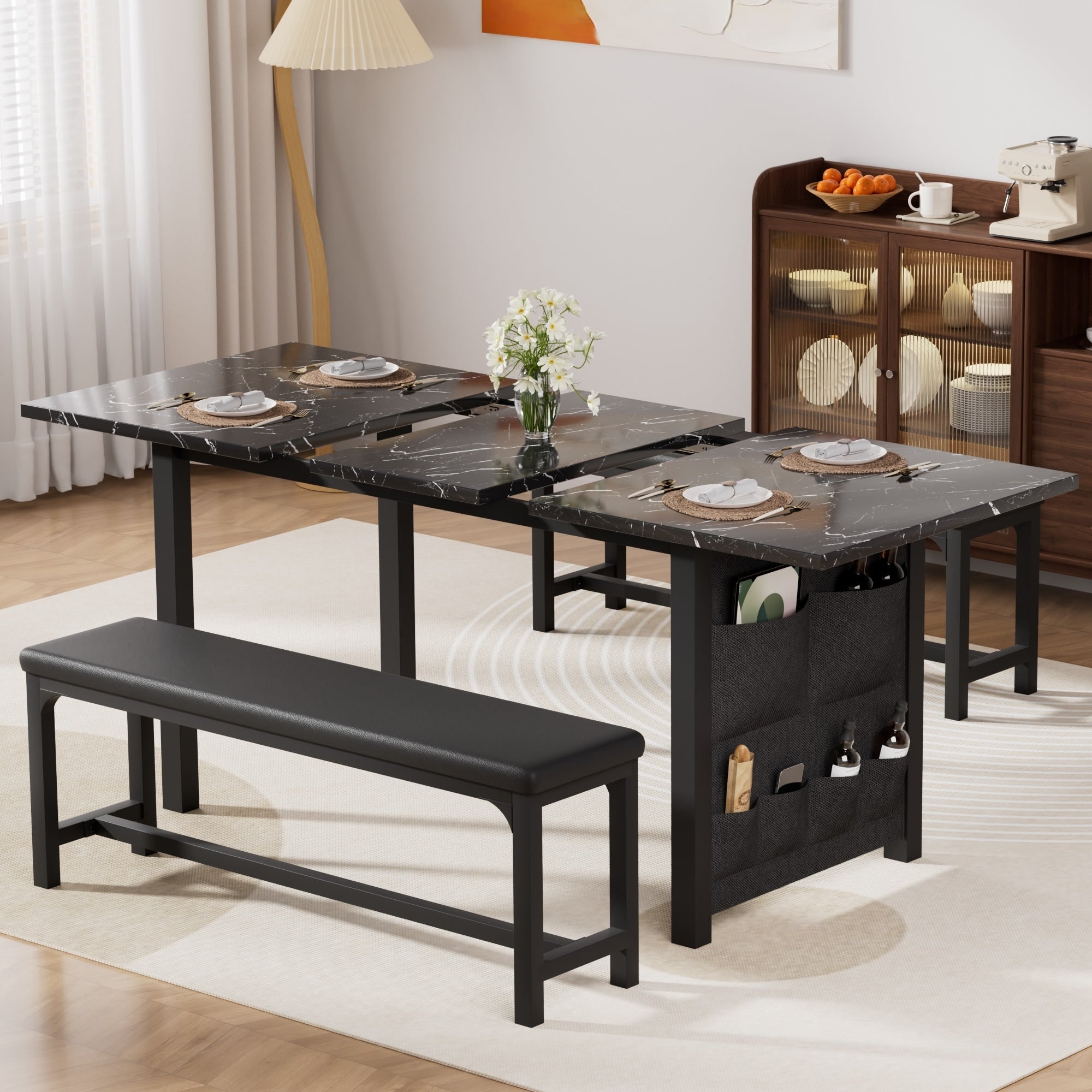 VECELO 3-Piece Extendable 63" Dining Table Set with 2 PU Leather Benches for 4-8 Dining Room Detachable 6-Pocket Storage Bag