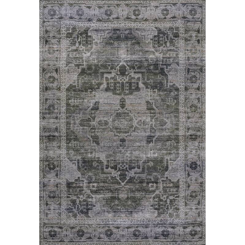 JONATHAN Y Dalyan Ornate Medallion Machine Washable Area Rug - 5 X 8 - Dark Green/Gray