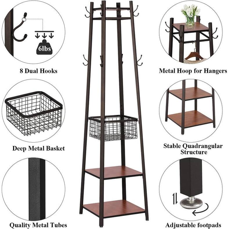 Coat Rack Freestanding,Hall Tree with Metal Basket