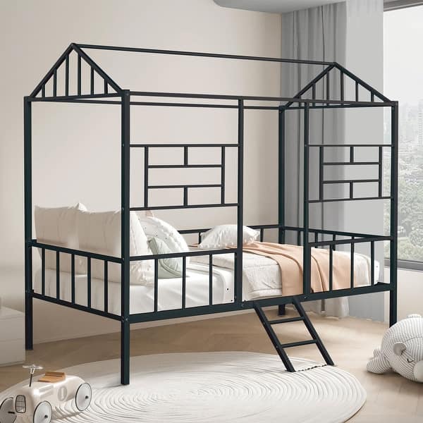 slide 2 of 15, Metal Twin-Size Loft Bed with House Design Black