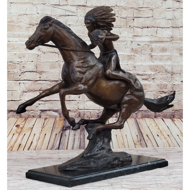 Frederic Remington Warrior Bronze Sculpture Statue Native American Headdress 20 Inches X 25 Inches
