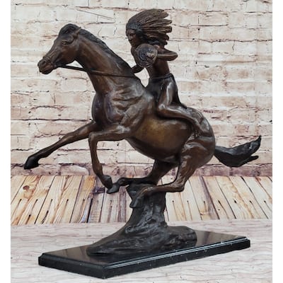 Frederic Remington Warrior Bronze Sculpture Statue Native American Headdress 20 Inches X 25 Inches