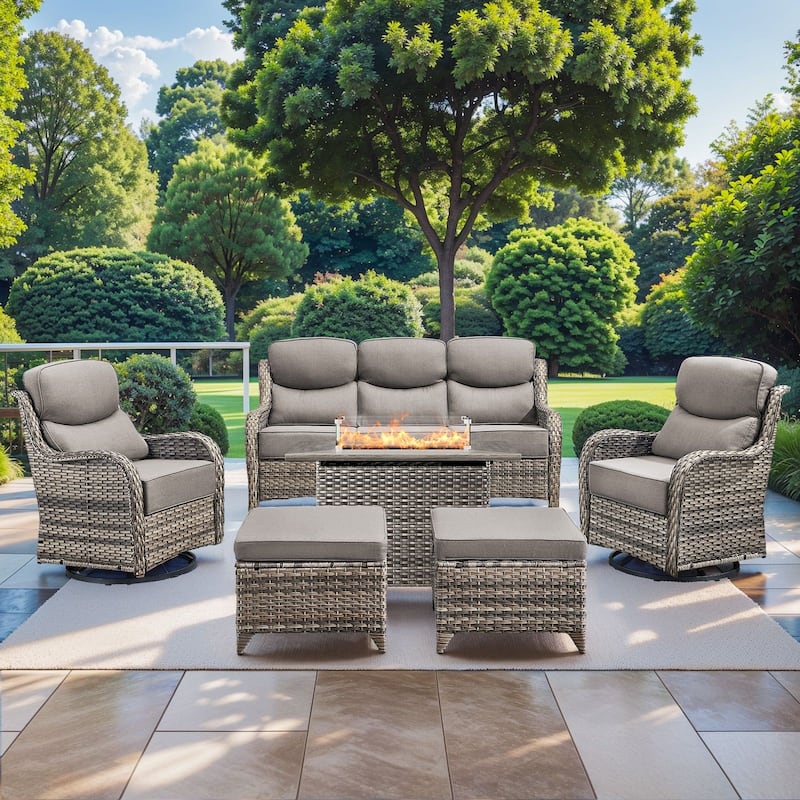 Pocassy Outdoor 6 Inch Sofa Chair Ottoman with Fire Pit Table Set - Grey Wicker Gray Cushion - 6 Pieces Sofa Chair Ottoman with Fire Table