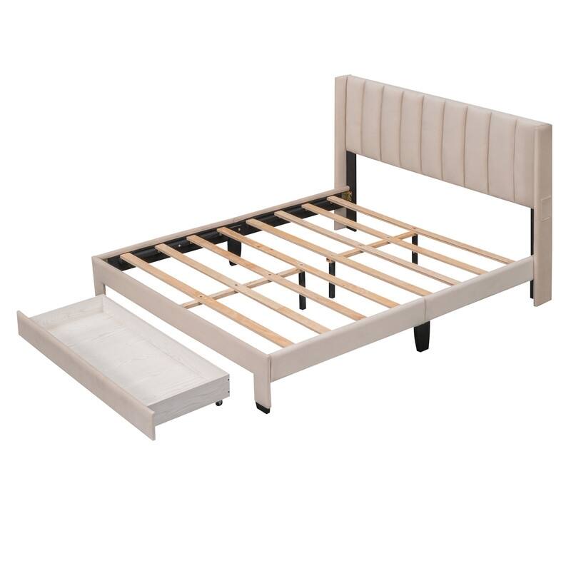 Queen Velvet Upholstered Storage Platform Bed with a Big Drawer Bed
