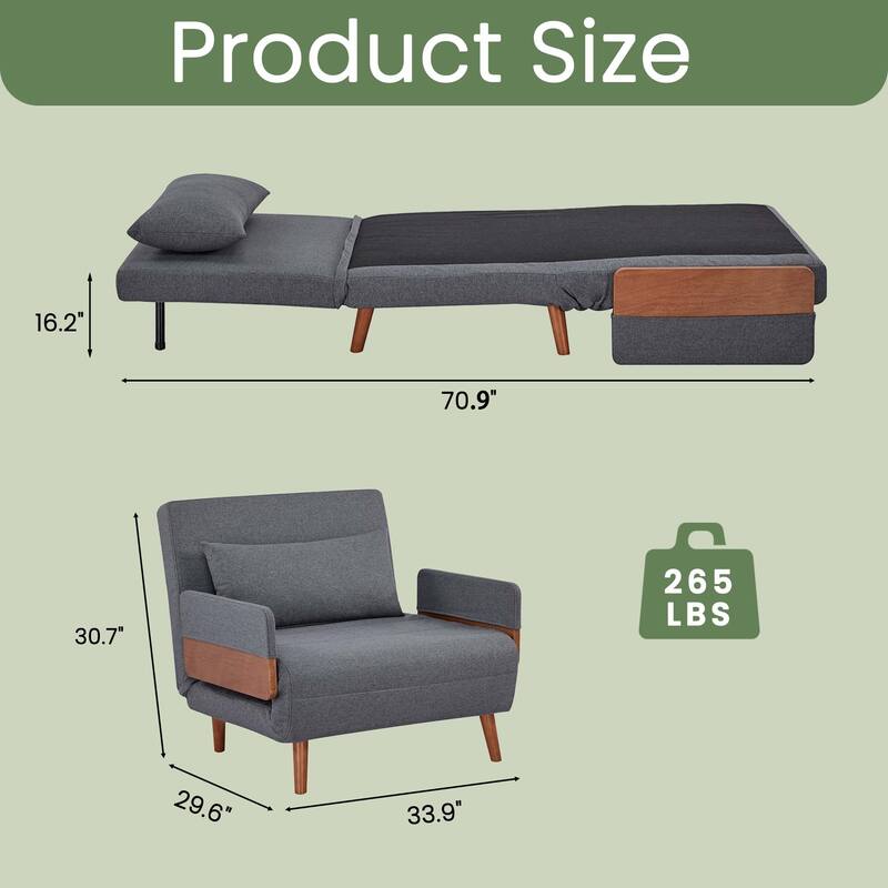 Modern Foldable Sofa Bed - Single Sleeper with Linen Fabric, 6-Level Adjustable Backrest, Converts in 10 Sec, Silent Hinges