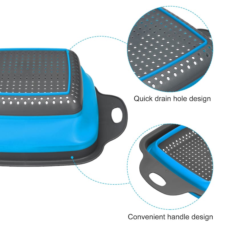 Collapsible Colander Set 3 Pcs Silicone Foldable Strainer - Blue - 29cm x 22cm x 9cm