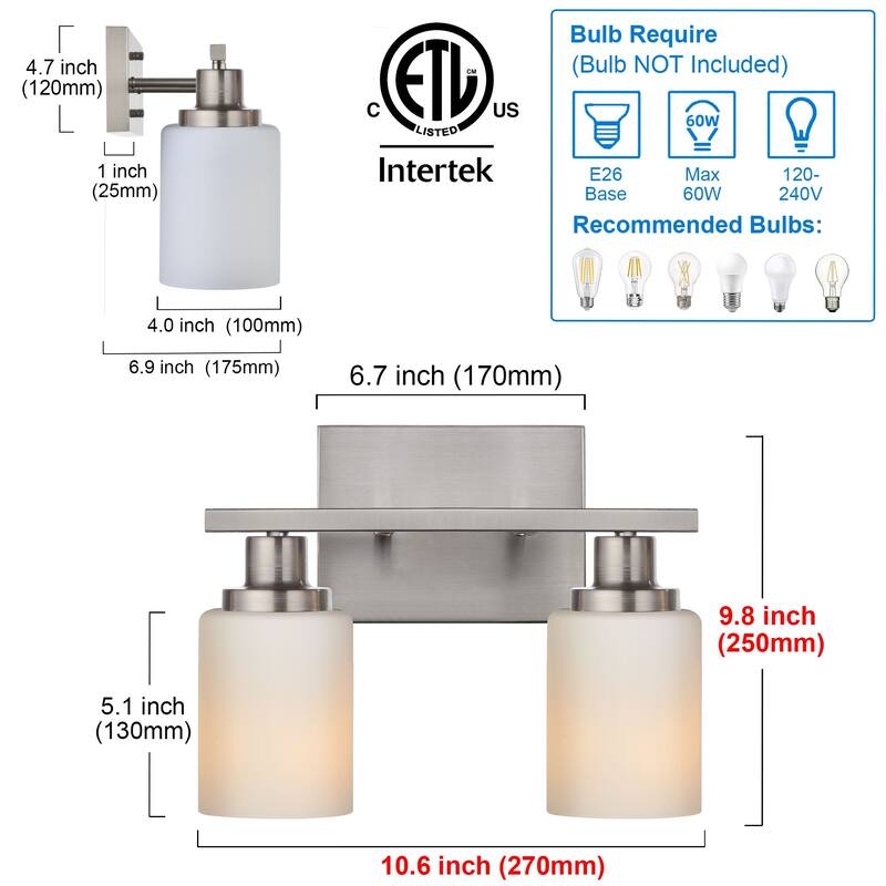 2-Light Bathroom Light Fixtures Brushed Brass 6-Light Bathroom Vanity Light, Bathroom Lights Over Mirror with Milky Glass Shade