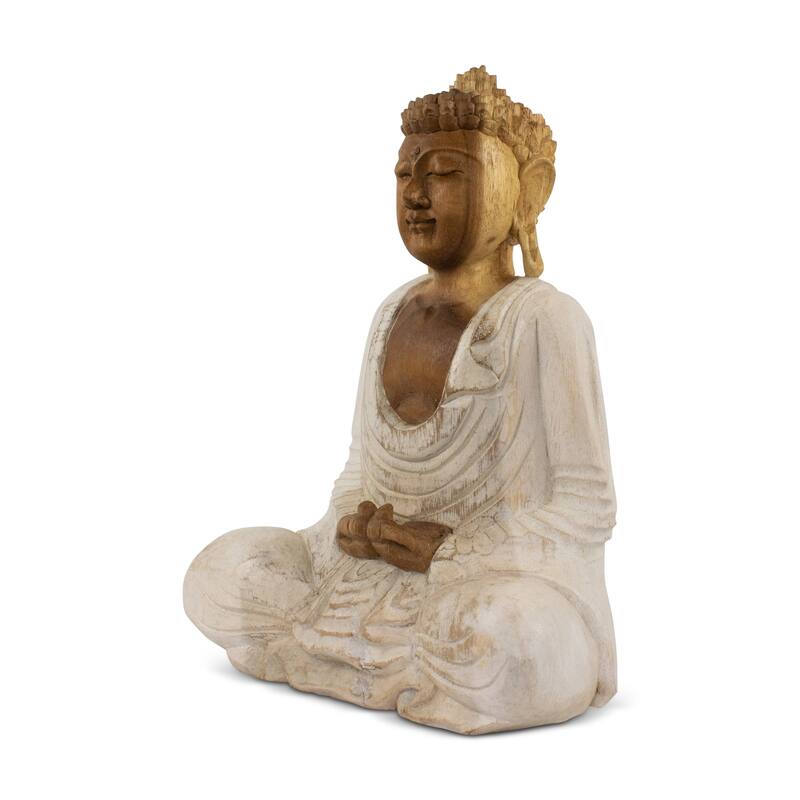 Wood Buddha Statue Hand Carved Whitewashed Dhyana Mudra Sculpture, Zen Meditation Decor - 16" tall x 12" wide x 7" deep
