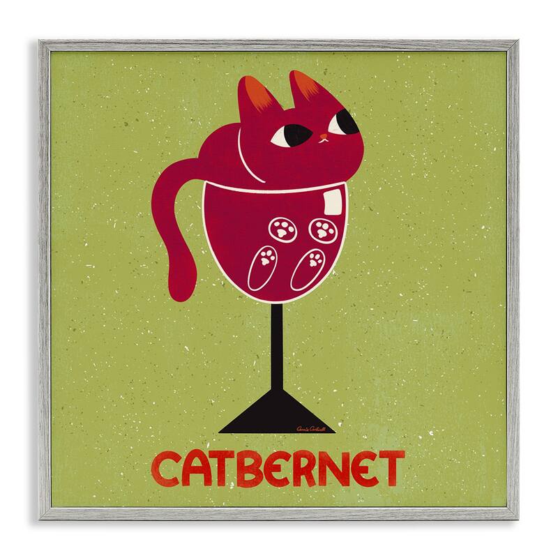 Stupell Catbernet Cat Wine Framed Giclee Art Design By Carrie Cantwell - 12 x 12 - Grey