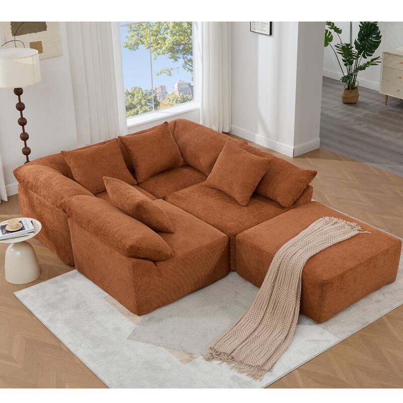 142" Chenille L-Shaped Modular Sofa with Sleeper & Ottoman