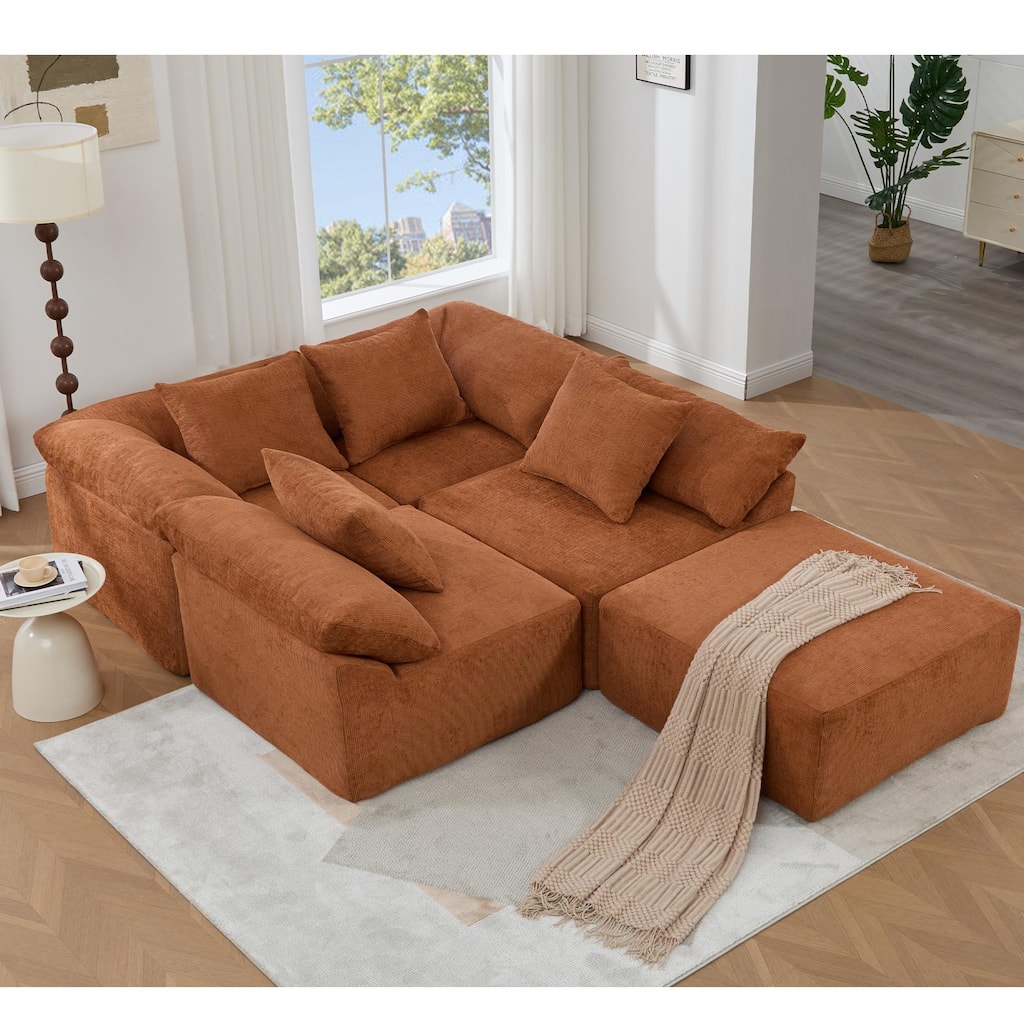 142" L-Shaped Modular Sectional Sofa, Floor Chenille Upholstered Couch with Ottoman, Convertible Sleeper Couch for Living Room