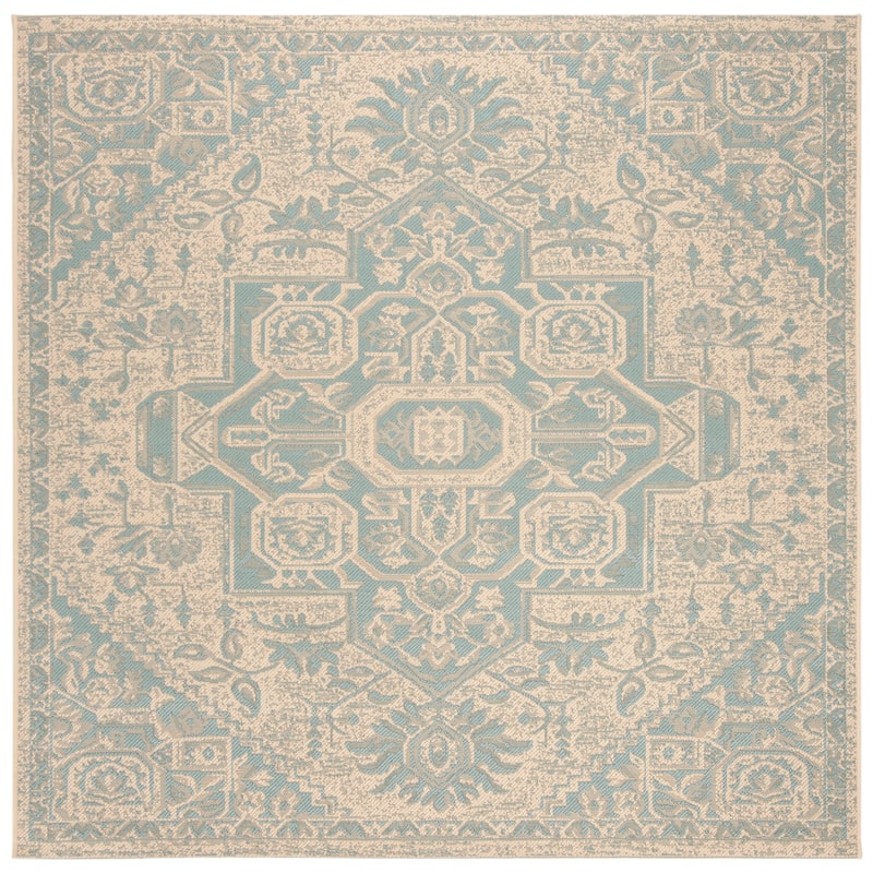 SAFAVIEH Linden Ludmyla Indoor/ Outdoor Waterproof Patio Backyard Rug - 6'7" Square - Aqua/Cream