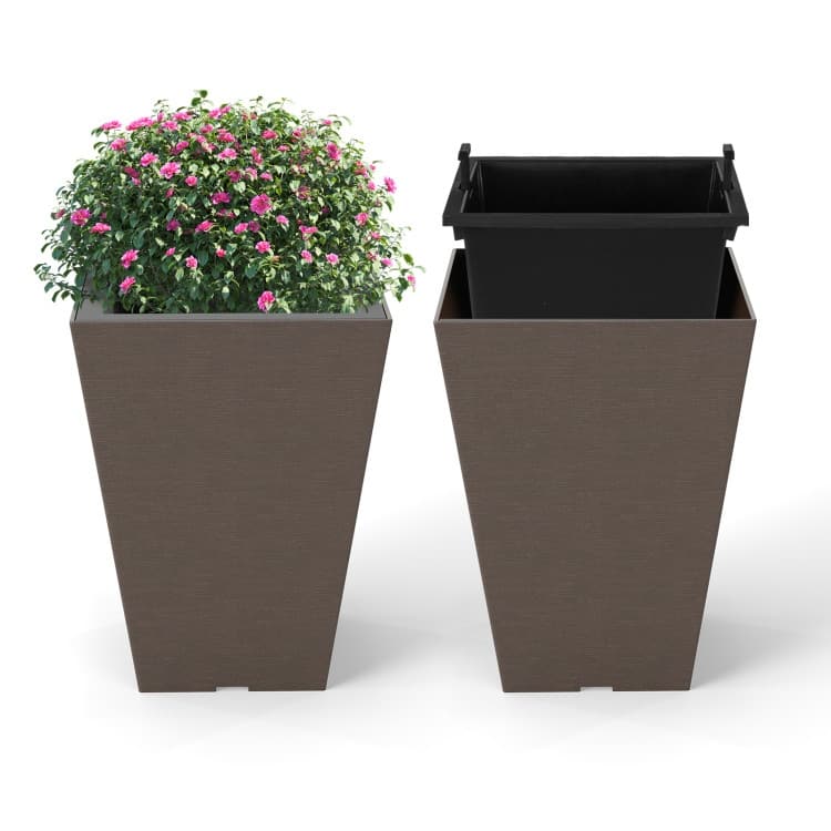 Brown PP Self-Watering Flowerpots Set of 2 with Removable Inner Bucket
