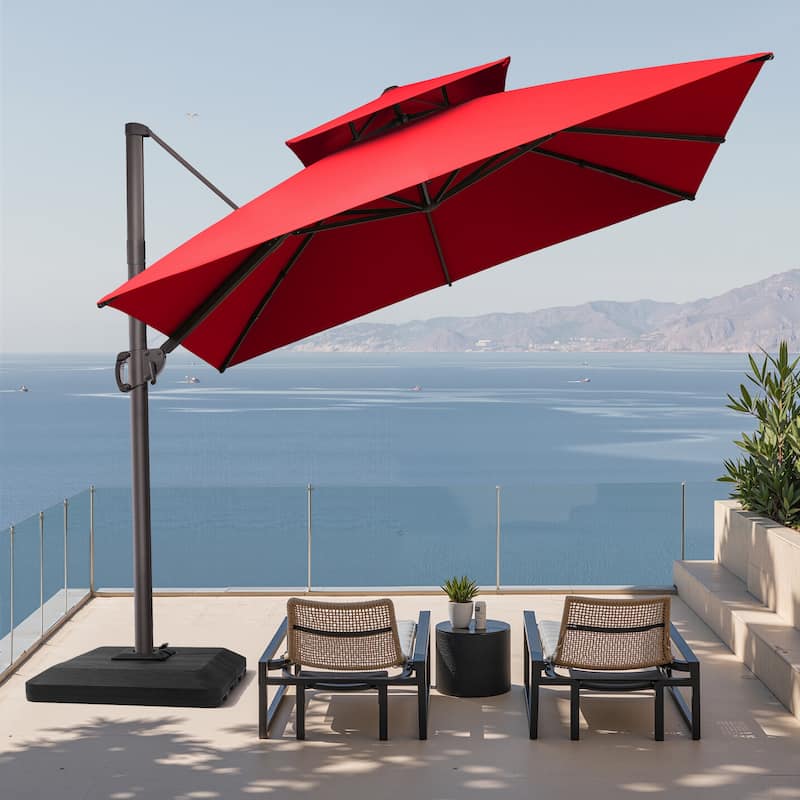 10.5ft Patio Double Top Cantilever Offset Umbrella with 4-Piece Fillable Weighted Base - Red