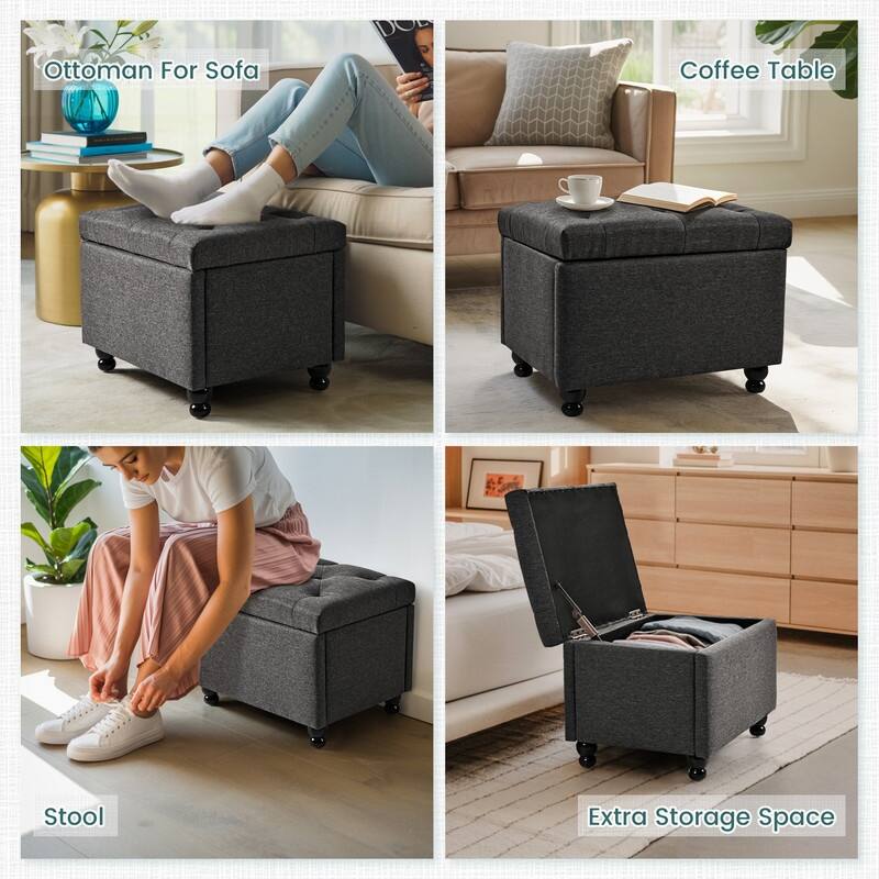 24" Faux Linen Rectangle Storage Ottoman, Shoe Stool for Entryway