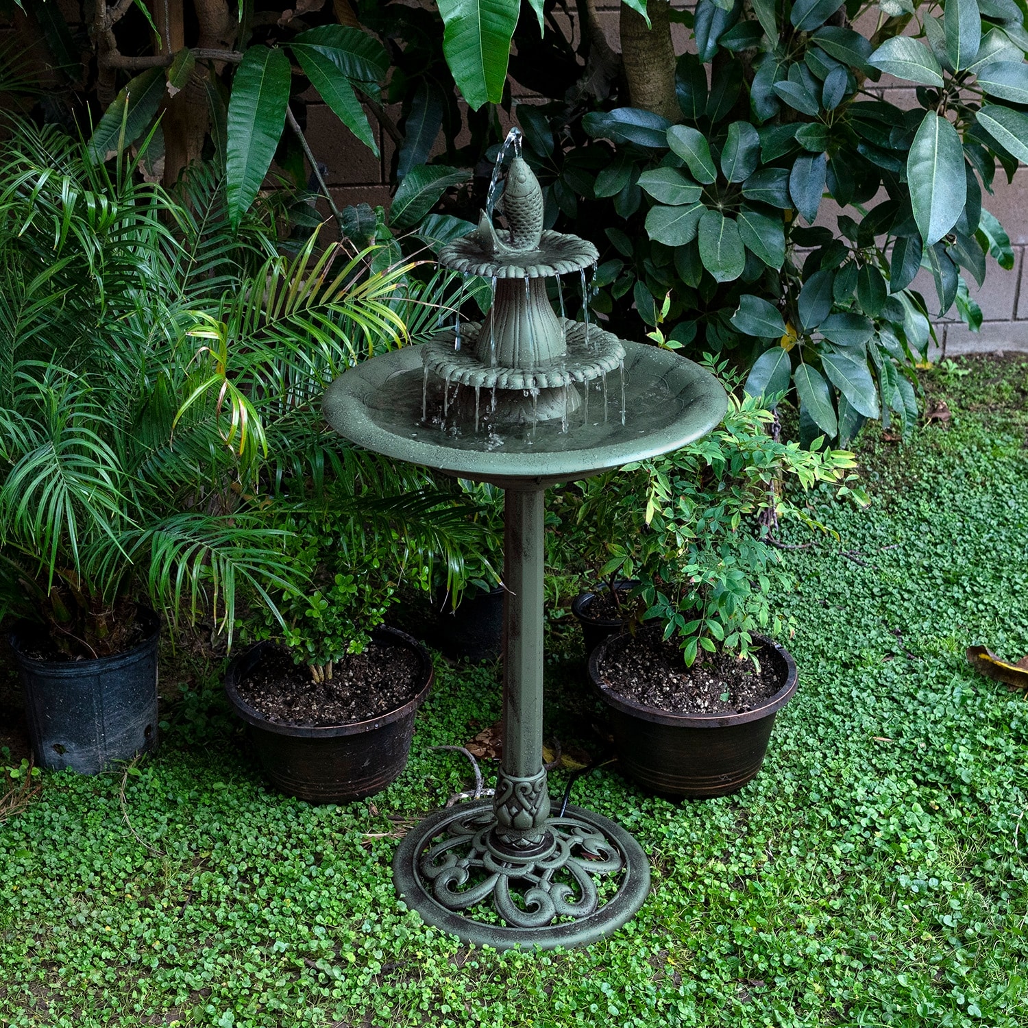 Alpine Corporation 40" Tall Outdoor 3-Tier Pedestal Birdbath Fountain with Cascading Waterfall Feature, Antique Finish, Teal