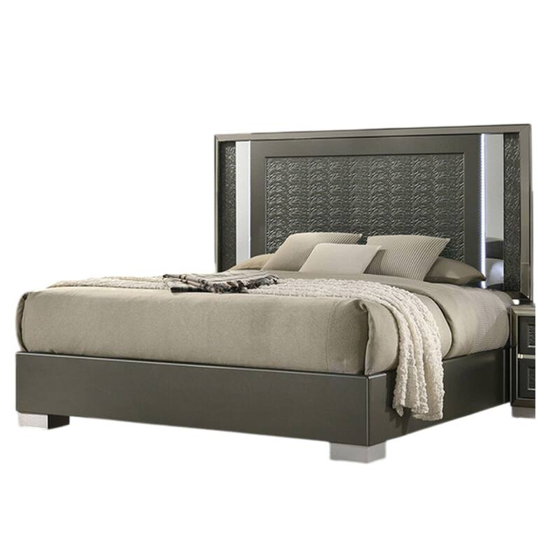 Levi King Bed, Dark Gray, Solid Teak and Rubberwood, Modern LED Lighting