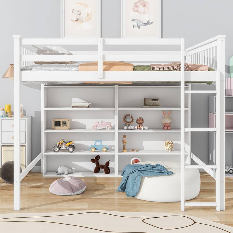 Full Size Loft Bed with 8 Storage Shelves and Integrated Ladder - Organized Living