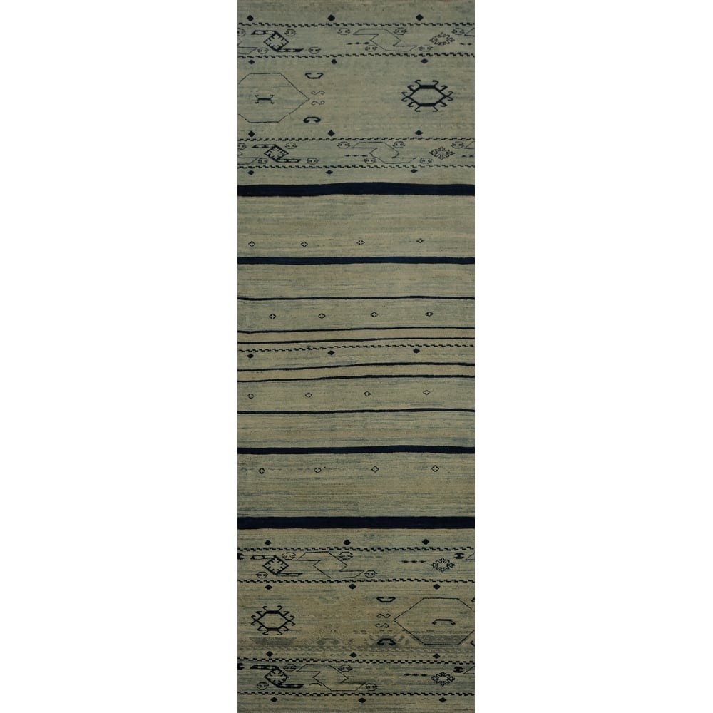 Hand Knotted Oriental 100% Wool Carpet Modern Geometric Green Gabbeh Runner Rug - 9' 9'' X 2' 7''