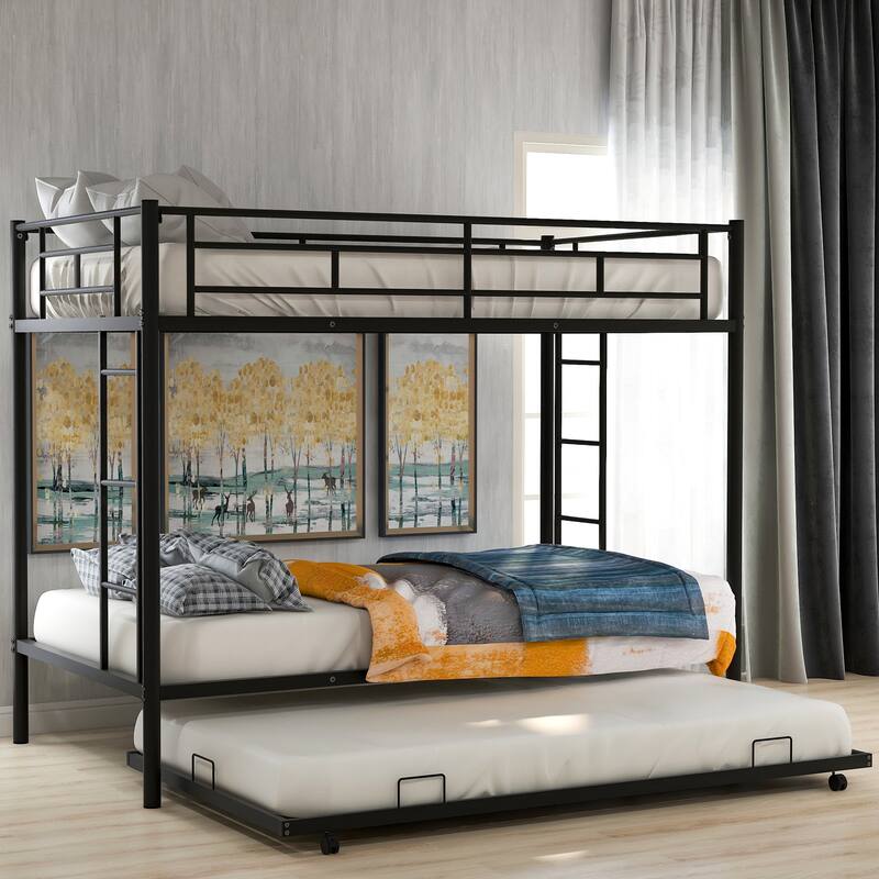 Twin Over Twin Bunk Bed w/Trundle, Metal Bedframe for 3, Space Saving