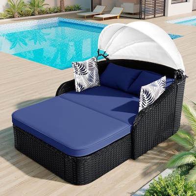 79.9" PE Rattan Daybed Sunbed with Adjustable Canopy