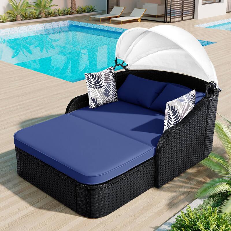 Anmytek 79.9 Inch Outdoor PE Rattan Daybed with Adjustable Canopy and Blue Cushions Double Sunbed for Patio and Poolside - Black+Blue