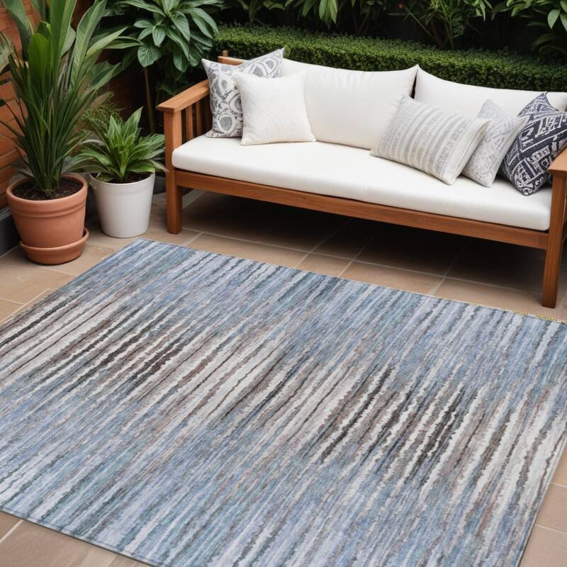 Altor Stripe Low Maintenance Refined Traditional Outdoor Rug - 10' X 14' - Blue