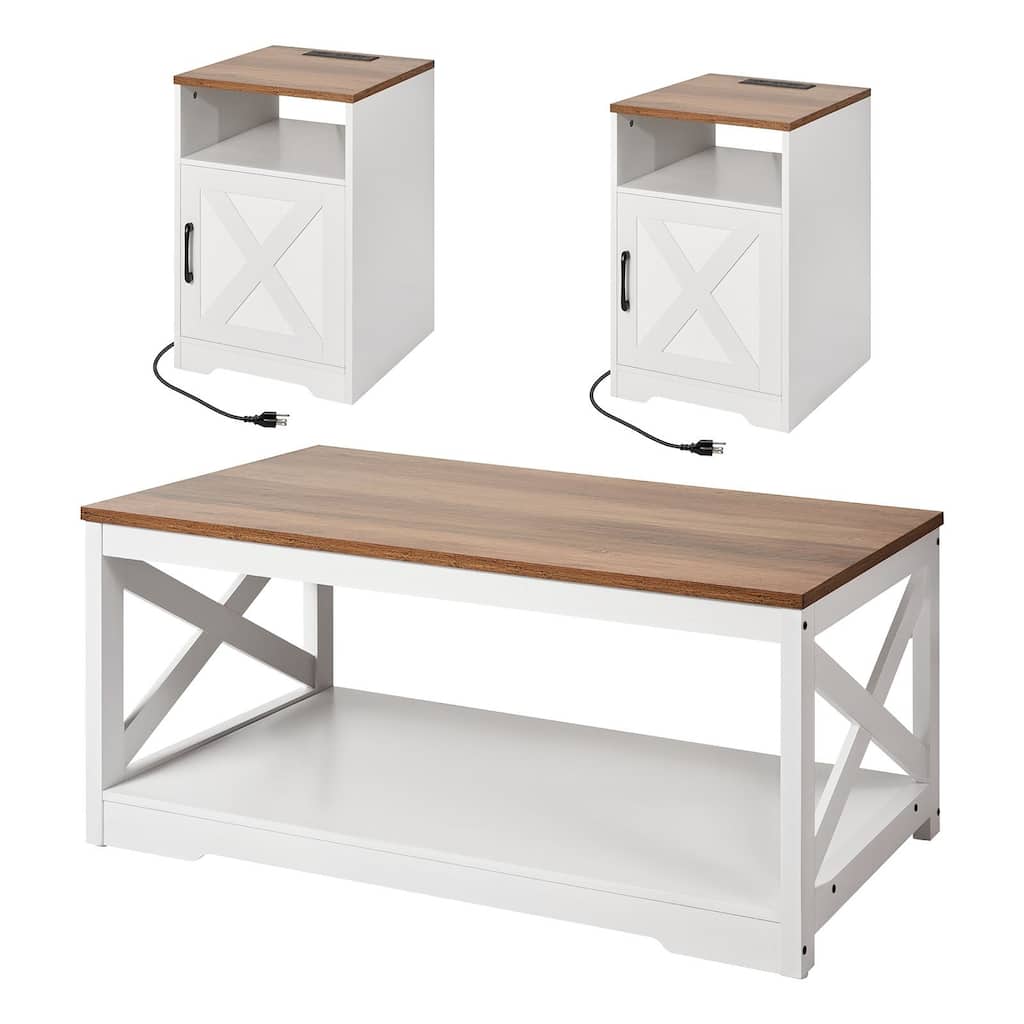 3-Piece White-Brown Wood Coffee Table Set with Power Outlets and Storage Space for Living Room - 40” x 21.7” x 18”