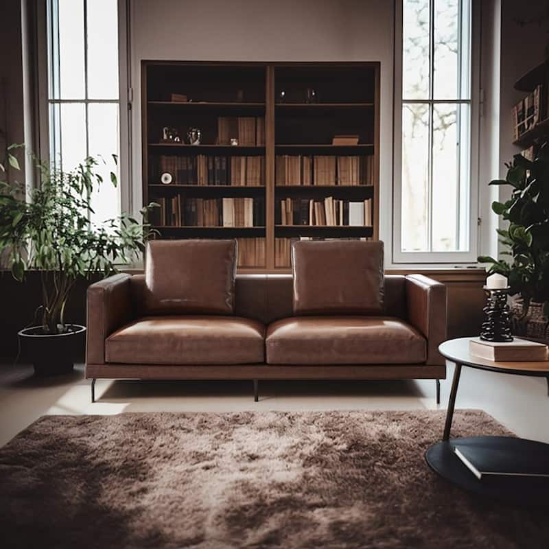 Modern Brown Couch Faux Leather Square Arm Down Filled Sofa