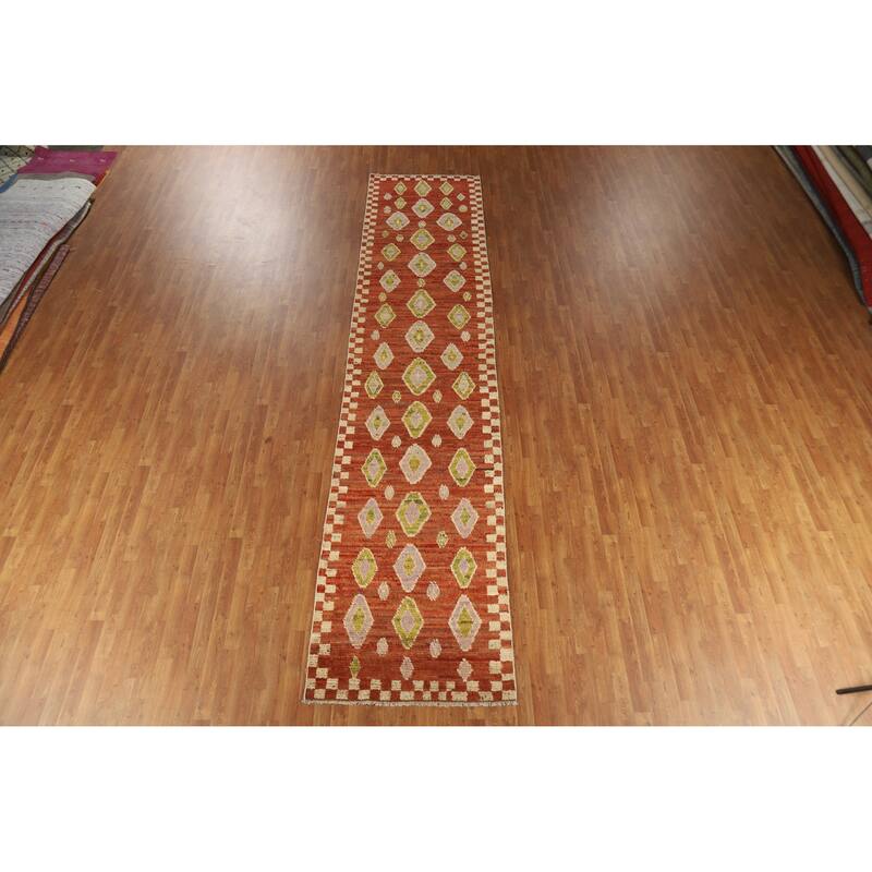 Orange Moroccan Oriental Runner Rug Handmade Hallway Wool Carpet - 3'5" x 15'10"
