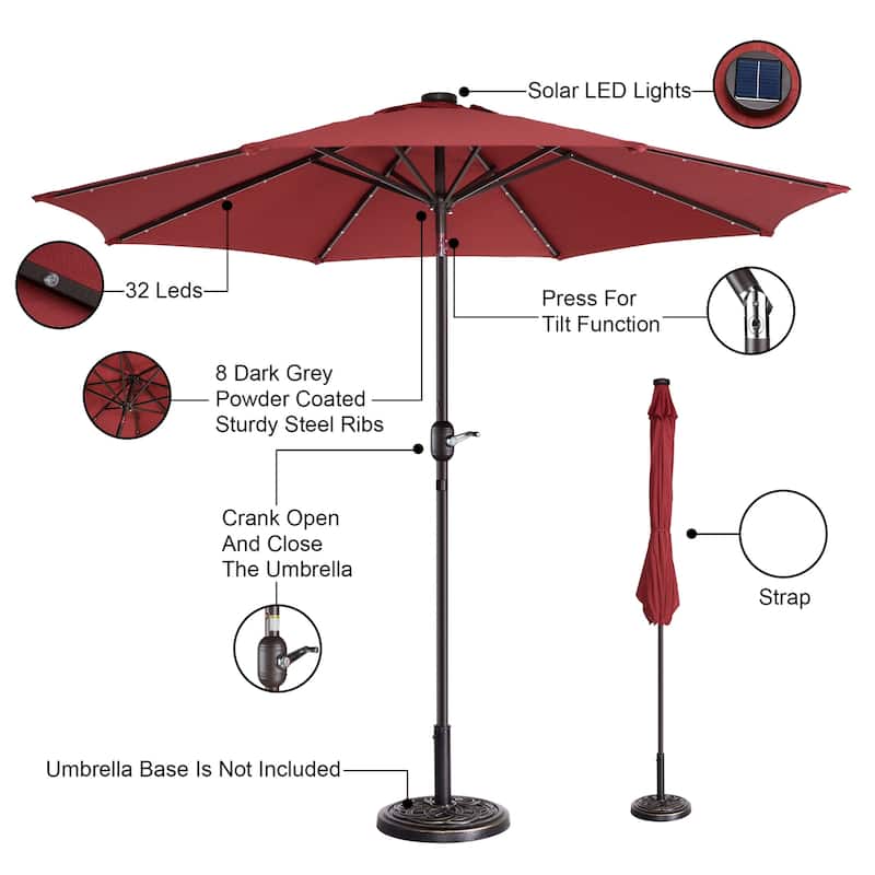 Villacera 9' Solar/LED Umbrella with 8 Steel Ribs and Tilt, Base Not Included