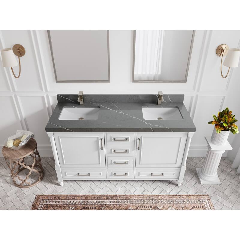 Willow Collections 60 in. W x 22 in. D Aberdeen Double Sink Bathroom Vanity with Countertop - 2" Piatra Gray - White